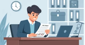 Profissional analisando contrato de seguro de vida em ambiente corporativo com documentos e laptop