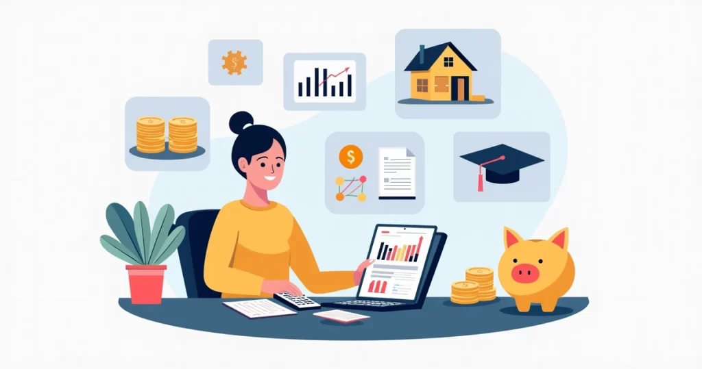 Ilustração corporativa mostrando pessoa calculando finanças com gráficos, calculadora e documentos ao redor