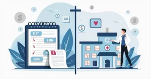 Ilustração corporativa comparando seguro DIT e plano de saúde amplo para proteger renda
