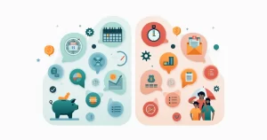 Ilustração corporativa plana com dois painéis comparando previdência privada e garantidores de renda, gráficos e ícones financeiros