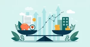 Ilustração corporativa mostrando balança equilibrando previdência privada e renda passiva com gráficos financeiros ao fundo