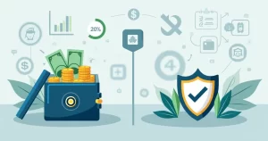 Ilustração corporativa mostrando comparação entre reserva financeira em cofre e proteção seguradora com escudo, gráficos e ícones de risco
