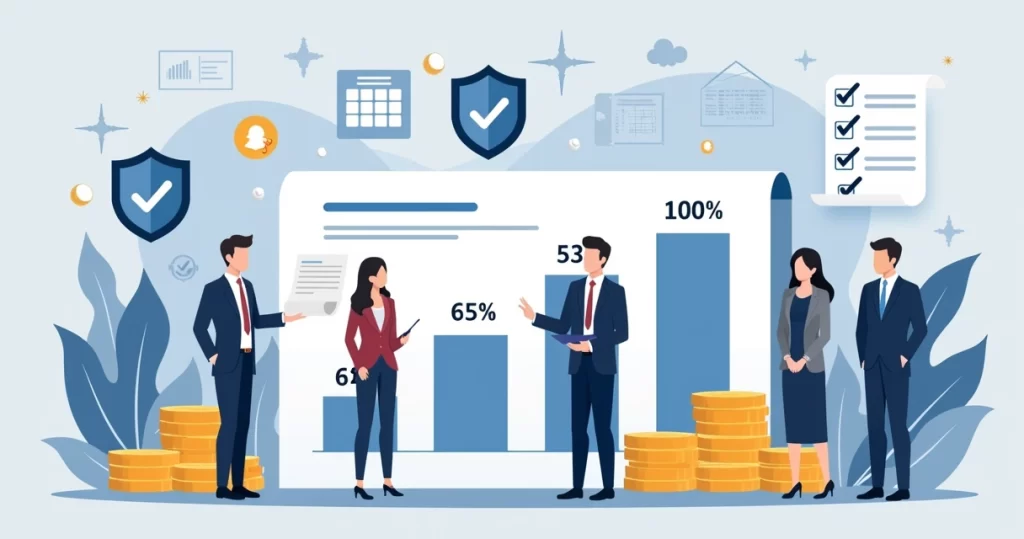 Ilustração corporativa plana mostrando um gráfico de custos de seguro de vida com ícones de pessoas, escudo de proteção e documentos de apólice ao fundo
