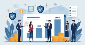 Ilustração corporativa plana mostrando um gráfico de custos de seguro de vida com ícones de pessoas, escudo de proteção e documentos de apólice ao fundo