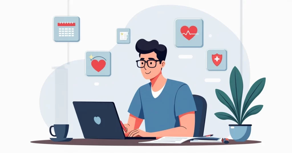Ilustração corporativa de um desenvolvedor PJ preenchendo declaração de saúde para seguro de vida no computador, com documentos e ícones de saúde ao redor