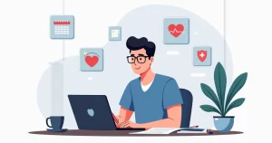 Ilustração corporativa de um desenvolvedor PJ preenchendo declaração de saúde para seguro de vida no computador, com documentos e ícones de saúde ao redor