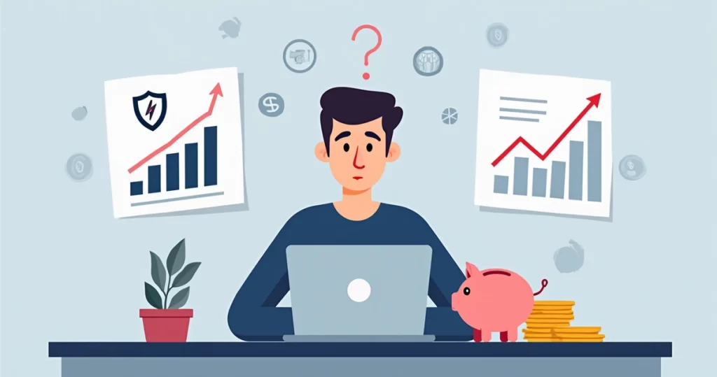 Ilustração corporativa de desenvolvedor PJ confuso entre seguro e investimento com gráficos comparativos ao fundo
