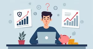 Ilustração corporativa de desenvolvedor PJ confuso entre seguro e investimento com gráficos comparativos ao fundo