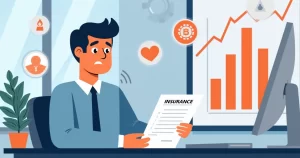 Ilustração corporativa flat mostrando um desenvolvedor PJ preocupado com documentos de seguro em mãos, em um escritório moderno com gráficos financeiros ao fundo
