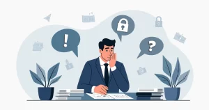 Ilustração corporativa plana mostrando uma pessoa analisando documentos de seguro, com elementos gráficos de atenção e confusão ao redor
