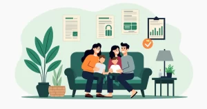 Ilustração corporativa flat de uma família reunida em casa, com documentos de seguro de vida e gráficos financeiros ao redor, em tons azuis e verdes