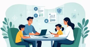 Ilustração corporativa de uma família discutindo proteção financeira com documentos e gráficos sobre mesa
