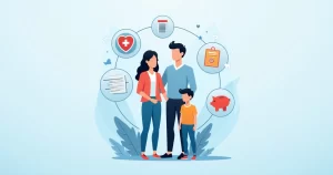 Ilustração corporativa de uma família protegida por elementos de seguro de vida e proteção financeira
