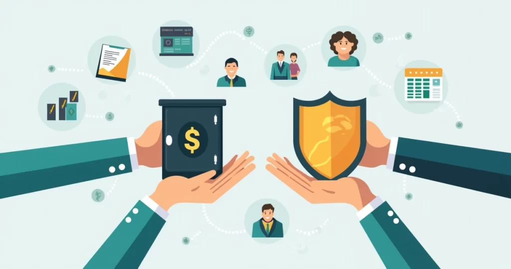 Ilustração corporativa com duas mãos segurando, de um lado um cofre com cifrão e do outro um escudo representando proteção financeira