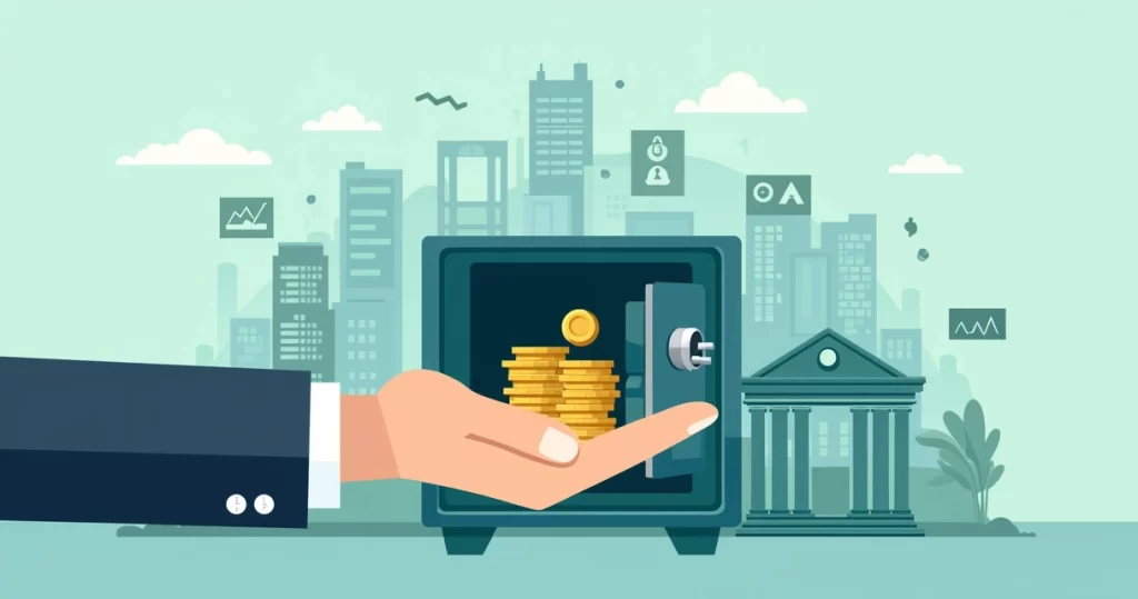 Ilustração corporativa plana mostrando uma mão segurando um cofre aberto com moedas e papéis de dinheiro, com edifícios de bancos ao fundo e dados financeiros em gráficos ao redor