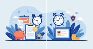 Ilustração corporativa mostrando comparação entre previdência privada e seguro DIT com ícones de proteção financeira e incapacidade