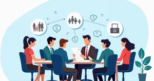 Ilustração corporativa flat de profissionais em reunião discutindo seguro de vida e proteção financeira familiar