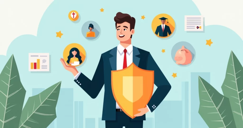 Ilustração corporativa de profissional segurando escudo ao lado de ícones de proteção financeira e família