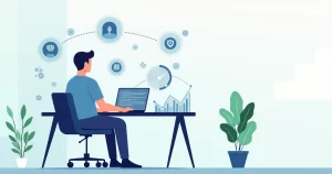 Desenvolvedor sentado em escritório moderno com gráfico de proteção financeira na tela do computador