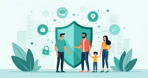 Ilustração corporativa de família protegida por um escudo financeiro digital com ícones de seguro de vida, doença grave e invalidez ao redor