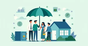 Ilustração corporativa plana de uma família segurando guarda-chuva sobre casa e cofre, simbolizando proteção financeira segura