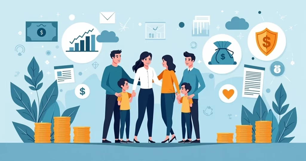 Ilustração corporativa plana mostrando uma família com gráficos de renda passiva e seguro de vida ao redor, com ícones de proteção financeira, pilhas de moedas, e documentos financeiros em fundo azul corporativo