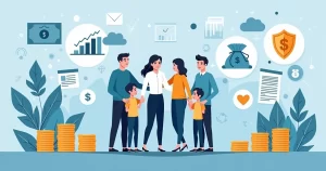 Ilustração corporativa plana mostrando uma família com gráficos de renda passiva e seguro de vida ao redor, com ícones de proteção financeira, pilhas de moedas, e documentos financeiros em fundo azul corporativo