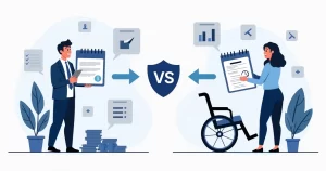Ilustração corporativa mostrando a comparação entre seguro DIT e seguro de invalidez com ícones distintos e gráficos explicativos