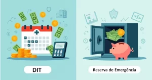 Ilustração corporativa mostrando comparação entre seguro DIT e reserva de emergência com ícones de dinheiro e proteção financeira