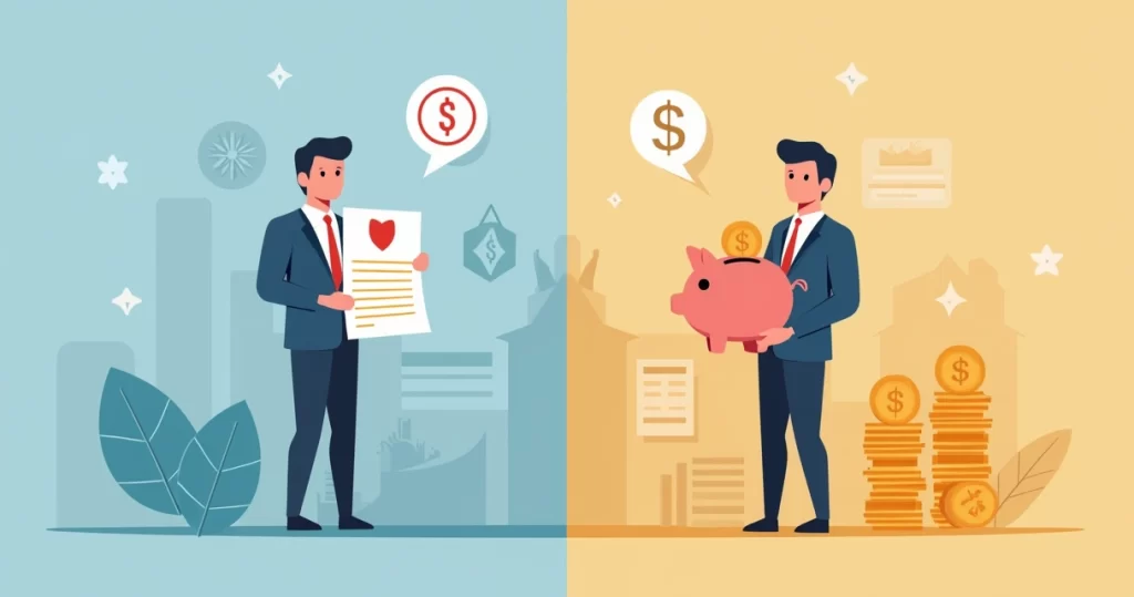 Ilustração corporativa dividida mostrando comparação entre seguro tradicional e seguro resgatável