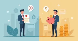 Ilustração corporativa dividida mostrando comparação entre seguro tradicional e seguro resgatável