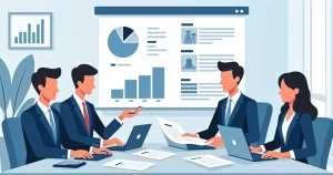 Ilustração corporativa mostrando profissionais analisando opções de seguros de vida em gráficos e documentos