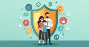 Ilustração corporativa plana mostrando uma família protegida por um escudo simbolizando seguro de vida com ícones de morte, invalidez e doenças graves ao redor