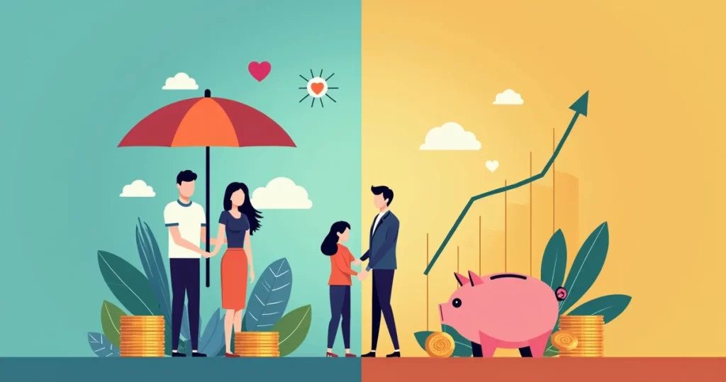 Ilustração corporativa dividida com seguro de vida de um lado e previdência privada do outro