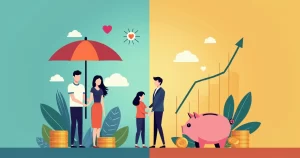 Ilustração corporativa dividida com seguro de vida de um lado e previdência privada do outro