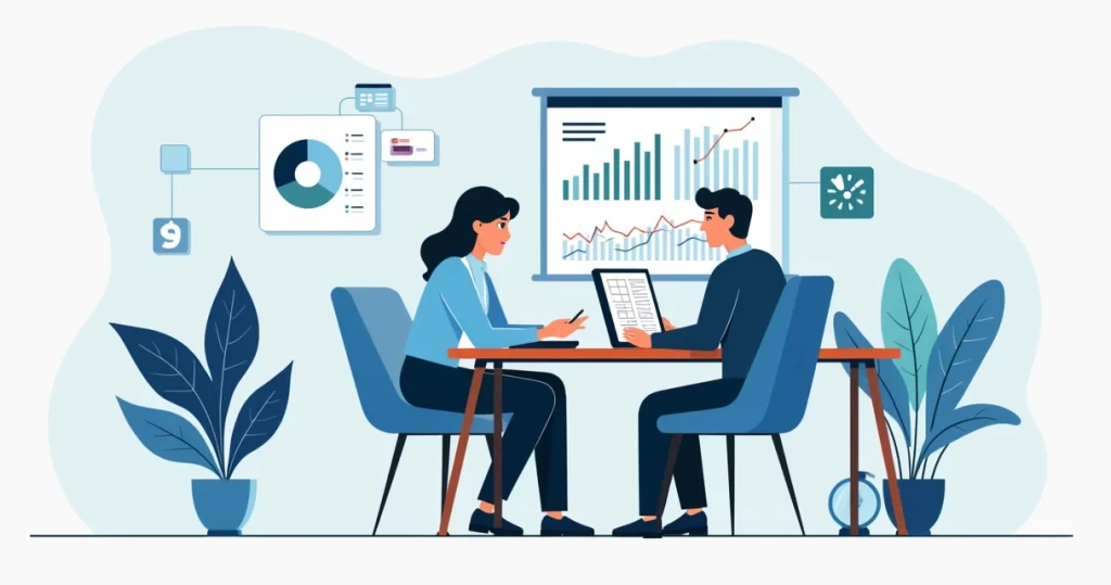 Ilustração corporativa mostrando um homem analisando cálculos de seguro de vida com tabelas e gráficos ao fundo