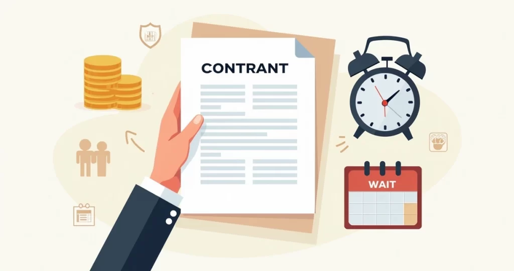 Ilustração corporativa mostrando contrato de seguro com relógio e calendário indicando período de carência