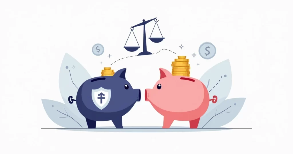 Ilustração corporativa plana mostrando dois cofrinhos lado a lado, um com símbolo de seguro e outro com símbolo de reserva financeira, conectados por uma balança equilibrada
