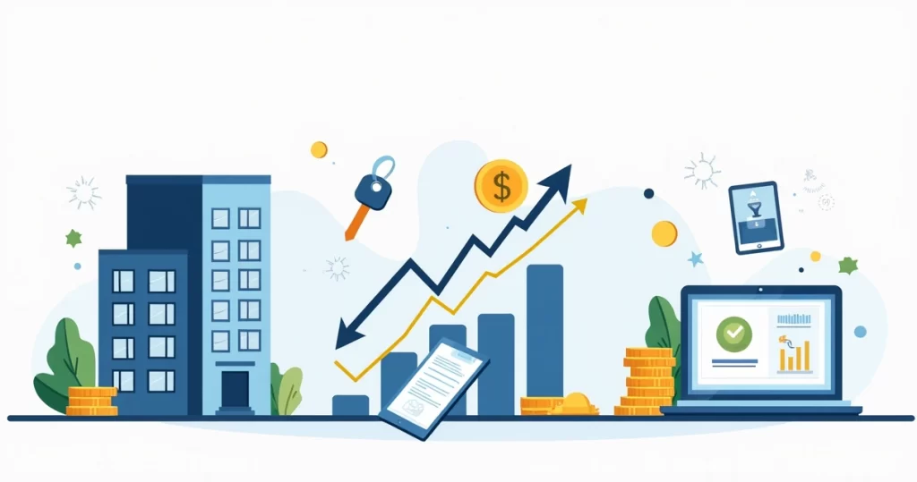 Ilustração corporativa plana mostrando três fontes de renda passiva: imóvel para aluguel, gráficos de ações e dispositivos digitais com infoprodutos
