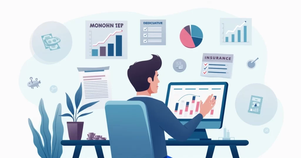 Ilustração corporativa de pessoa organizando orçamento com seguro como custo fixo e variável no planejamento financeiro
