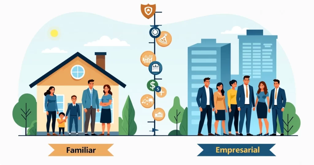 Ilustração plana comparando seguro de vida familiar e empresarial com ícones de família e escritório