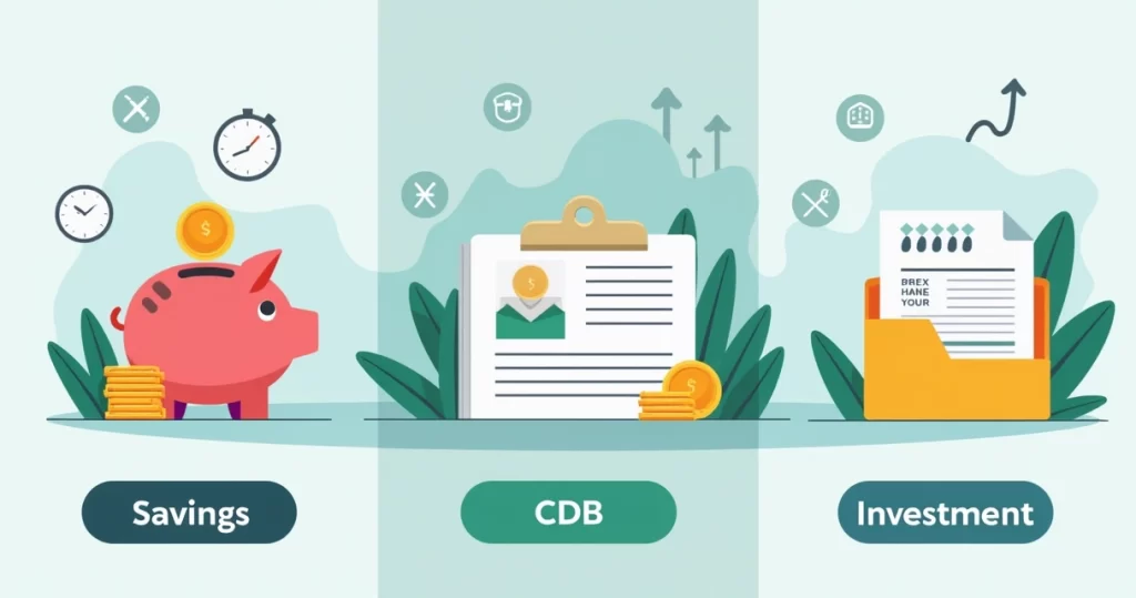 Ilustração corporativa mostrando comparação entre poupança, CDB e fundos de investimento para reserva de emergência familiar
