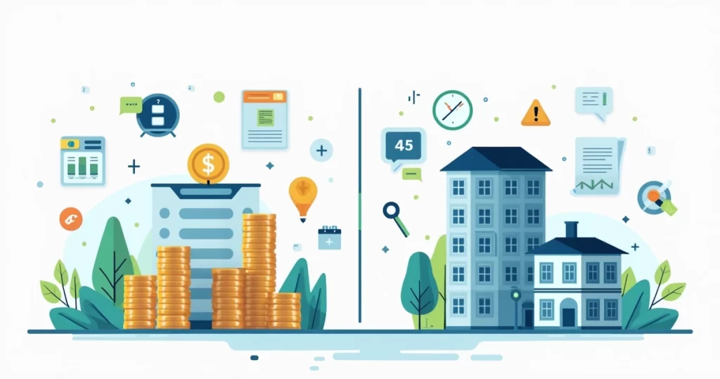 Ilustração corporativa com gráficos de fundo imobiliário e imóvel para aluguel lado a lado com ícones de custos, liquidez e riscos