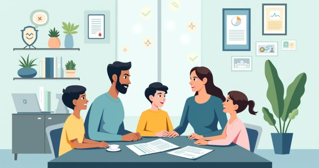 Ilustração corporativa de família discutindo beneficiários de seguro de vida em ambiente claro e moderno