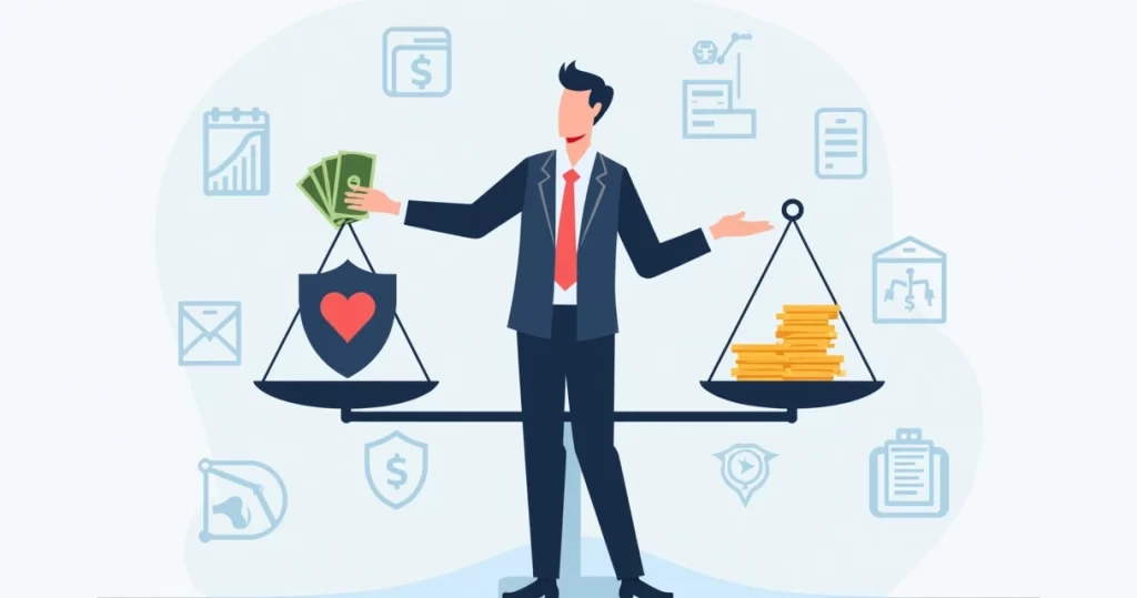 Ilustração corporativa de homem segurando dinheiro e balança comparando seguro de vida e investimento