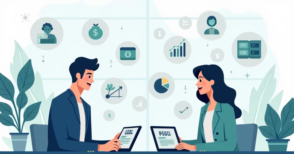 Ilustração corporativa flat de jovens analisando planos de previdência privada em um ambiente moderno com gráficos financeiros e símbolos de PGBL, VGBL e fundos exclusivos ao fundo