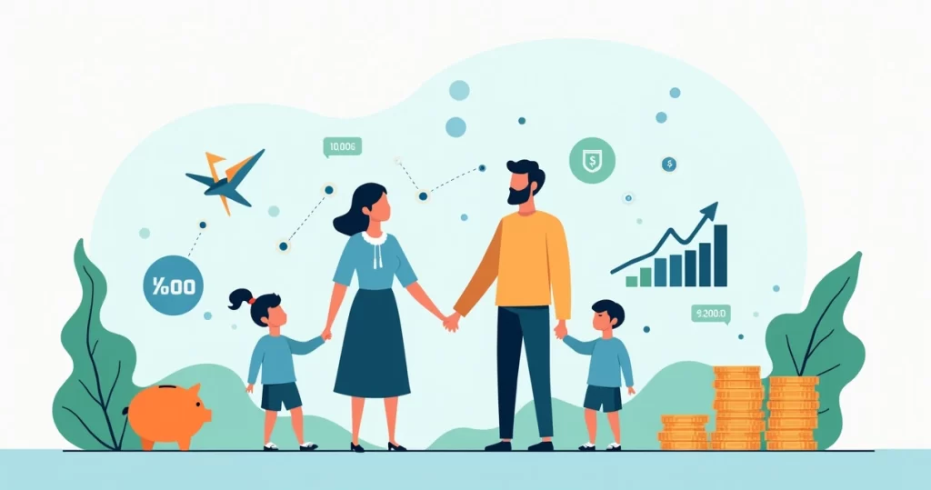 Ilustração corporativa de família com filhos e gráficos financeiros ao fundo