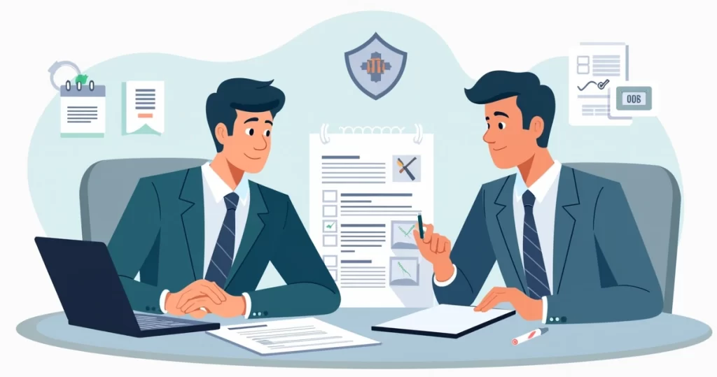 Ilustração corporativa mostrando profissionais analisando documentos para pagamento de indenização de seguro