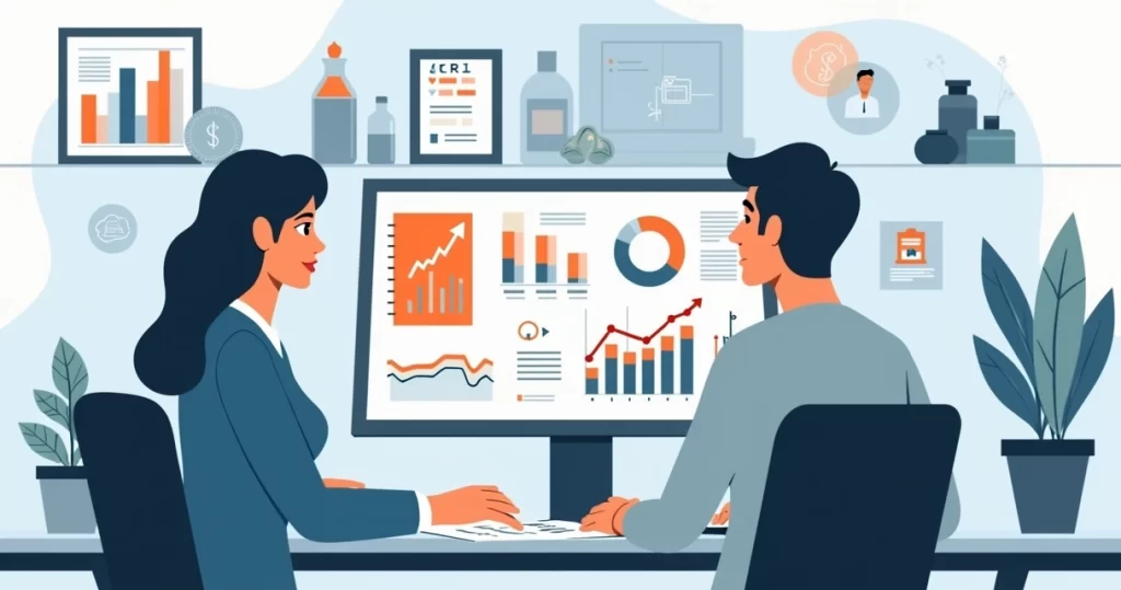 Ilustração corporativa mostrando uma seguradora analisando perfil de cliente com gráficos e documentos