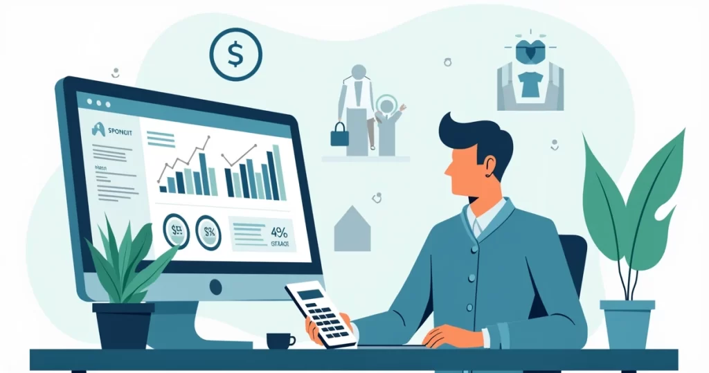 Ilustração corporativa mostrando pessoa calculando orçamento mensal para seguro de vida